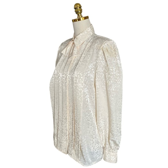 Sheridan Square Vintage 90s Cream Floral Pleated High Neck Secretary Top Size 14 - Picture 3 of 8